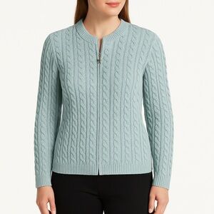 Parkhurst‎ Cardigan Blue Cable Knit Zipper Medium Front Star Pull Cozy Classic
